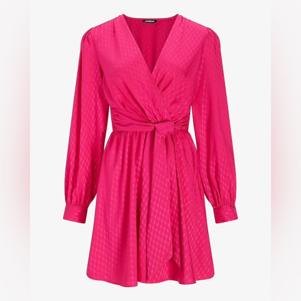 Express Jacquard Satin Tie Waist Long Sleeve Mini Dress